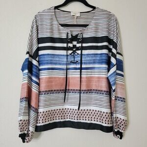 3 / $30 Laundry‎ by Shelli Segal Striped Blouse Lace Up Long Sleeve Size 12
